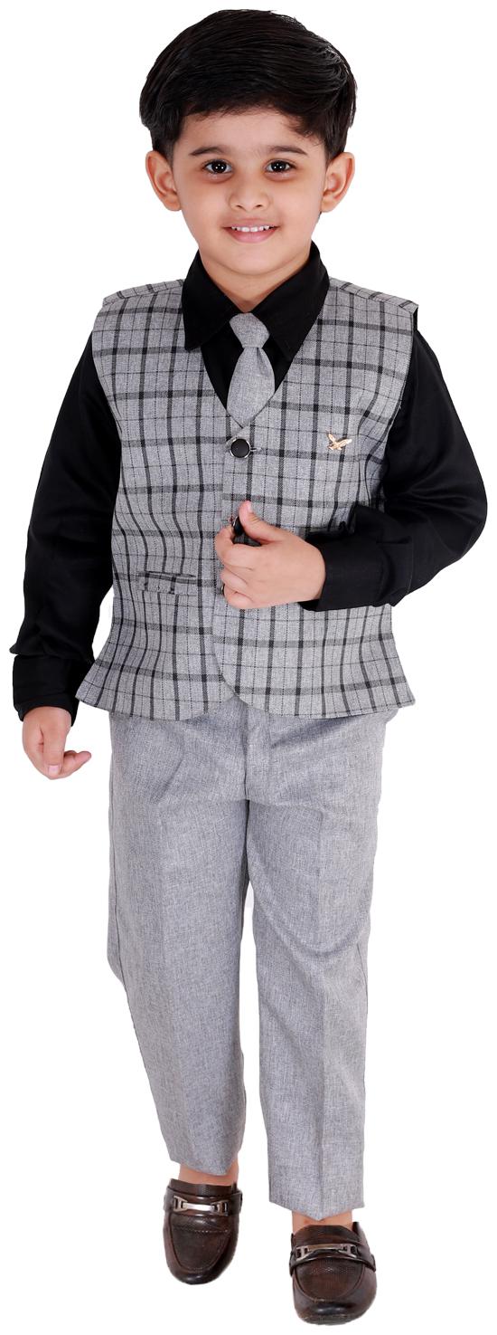

Fourfolds Ethnic Wear 3 Piece Suit Set with Bow-Tie Shirt Trousers and Waistcoat for Kids and Boys FC037 Black