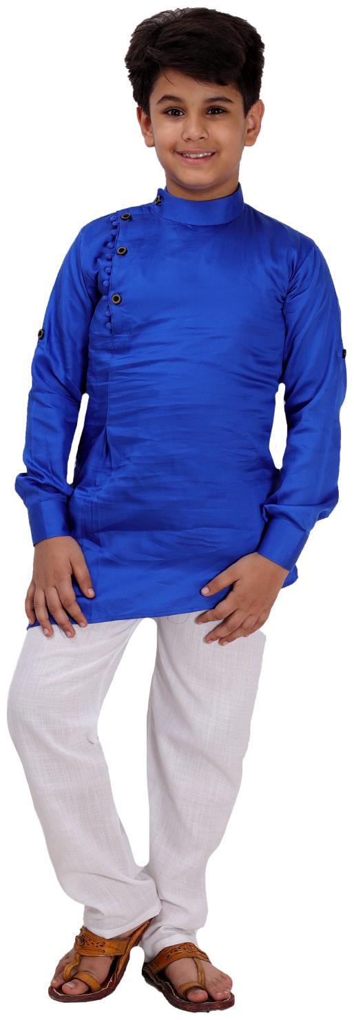 

FOURFOLDS Boy Cotton blend Solid Kurta pyjama set - Blue White