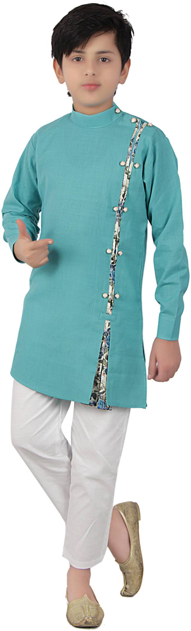 FOURFOLDS Boy Cotton blend Solid Kurta pyjama set - Green & White