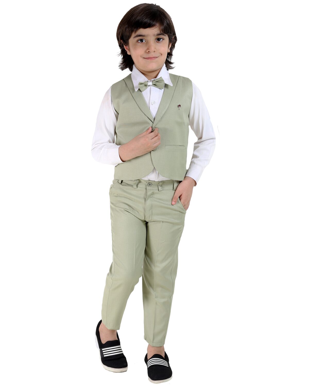 

Fourfolds Ethnic Wear 4 Piece Suit Set with Bow-Tie Shirt Trousers and Waistcoat for Kids and Boys