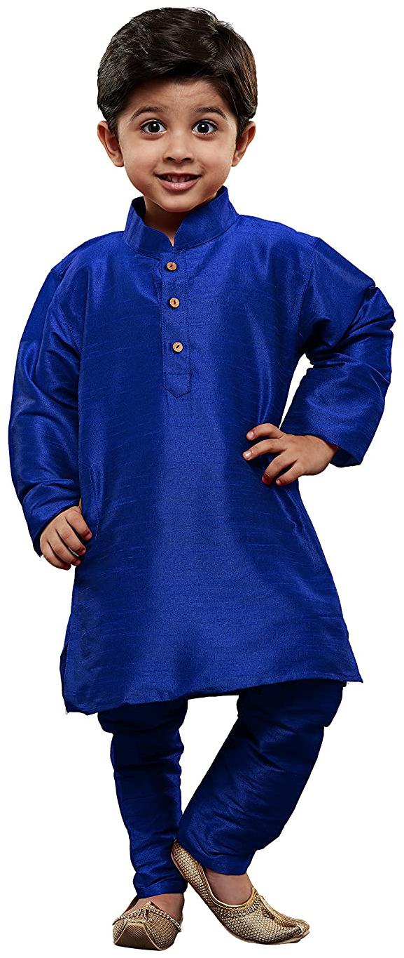 

FOURFOLDS Boy Cotton blend Solid Kurta pyjama set - Blue