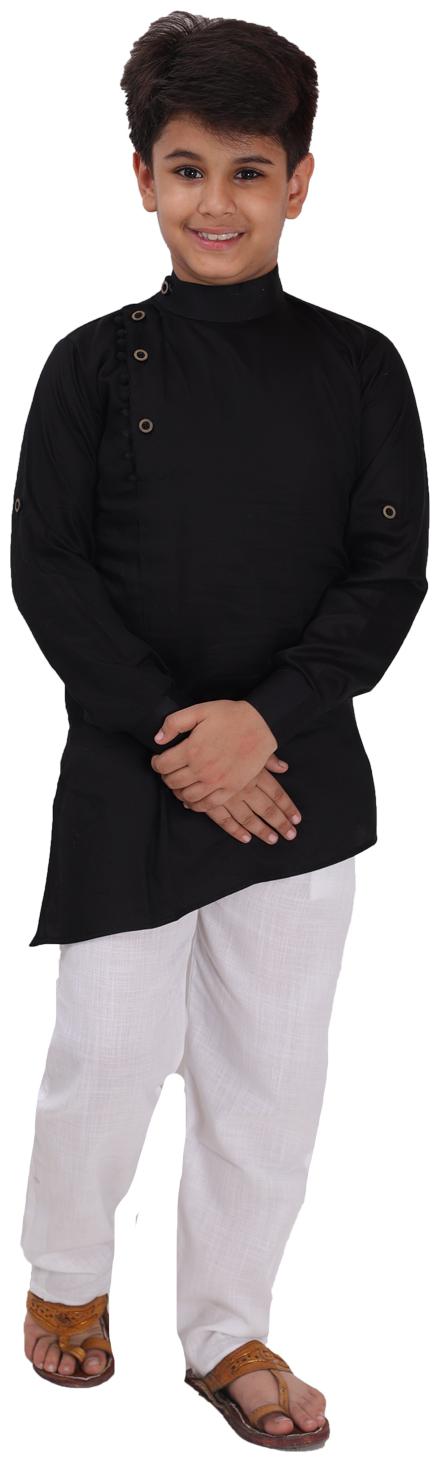 

FOURFOLDS Boy Cotton blend Solid Kurta pyjama set - Black White
