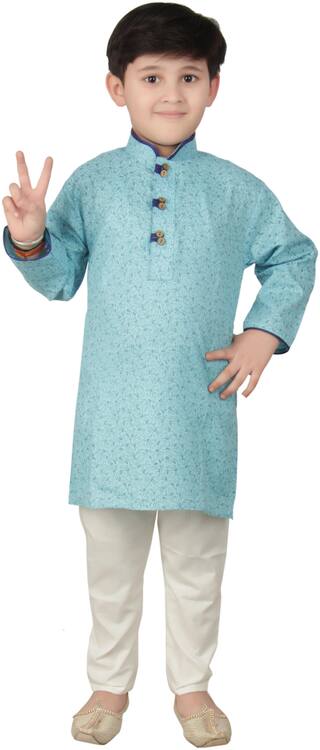 FOURFOLDS Boy Cotton Printed Kurta pyjama set - Blue & White