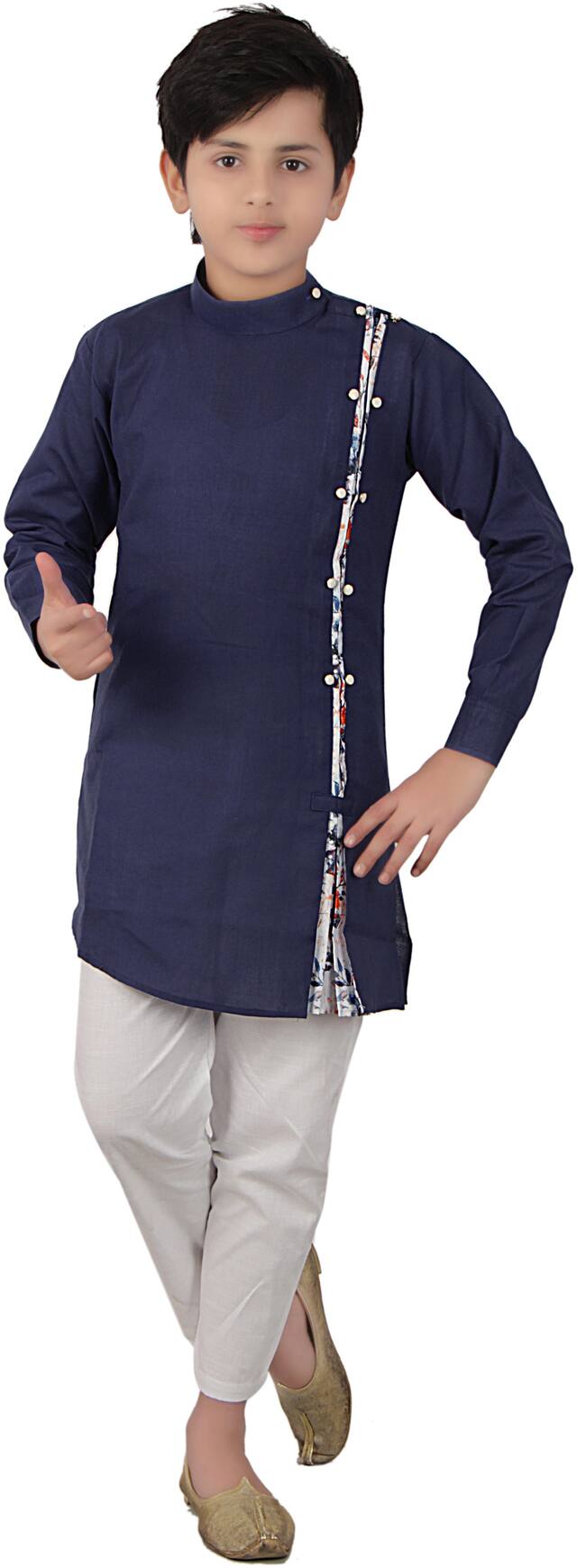 FOURFOLDS Boy Cotton blend Solid Kurta pyjama set - Blue & White