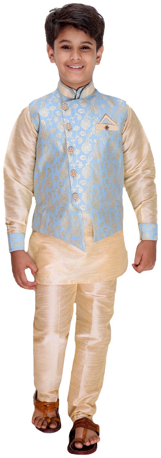 

FOURFOLDS Boy Cotton blend Self design Kurta pyjama set - Blue Beige