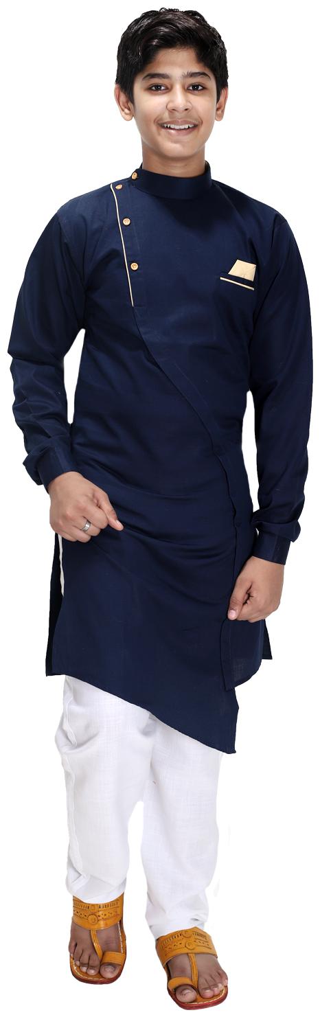 

FOURFOLDS Boy Cotton blend Solid Kurta pyjama set - Blue White
