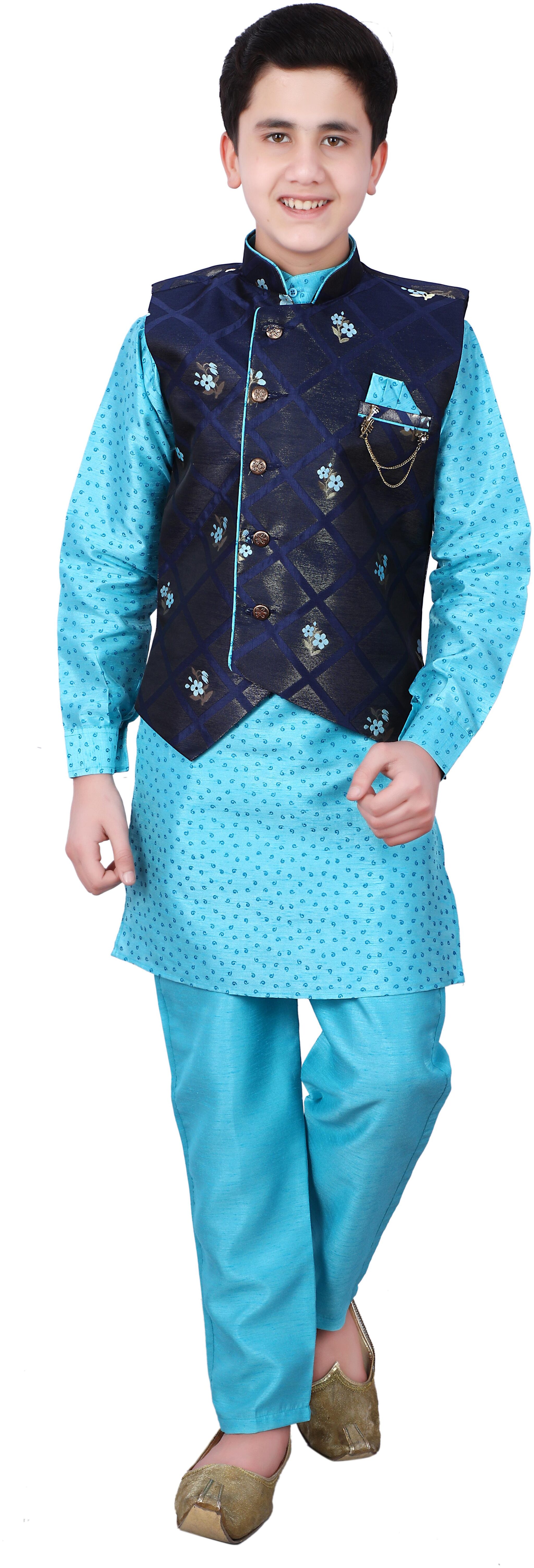 

FOURFOLDS Boy Cotton blend Printed Kurta pyjama set - Blue