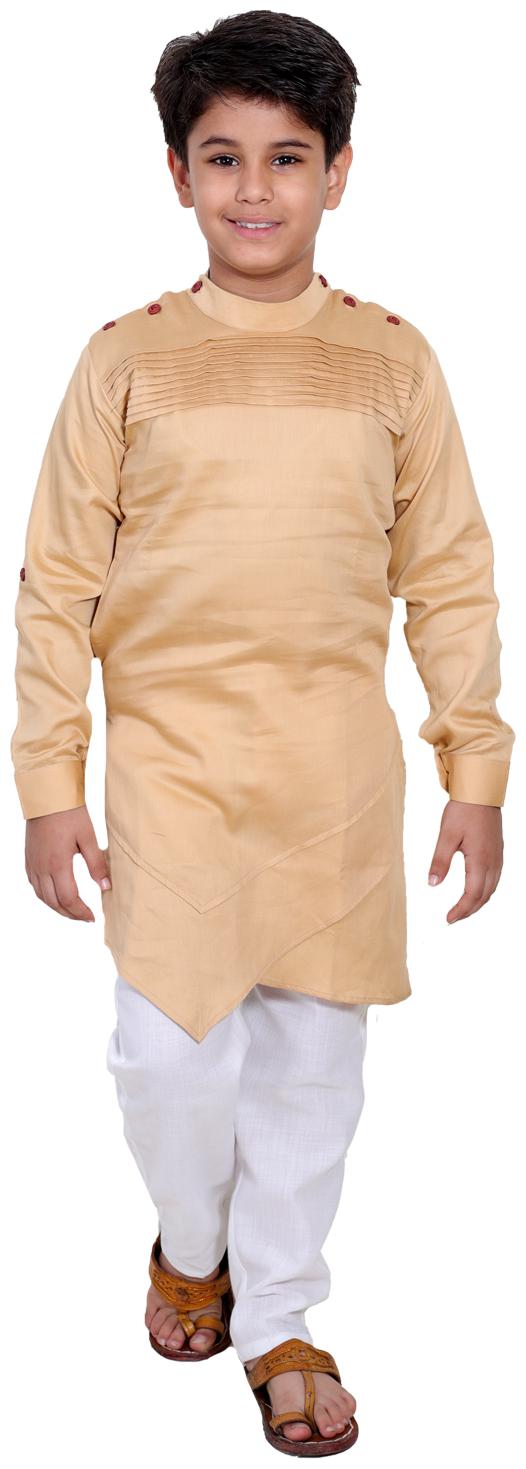 

FOURFOLDS Boy Cotton blend Solid Kurta pyjama set - Beige White