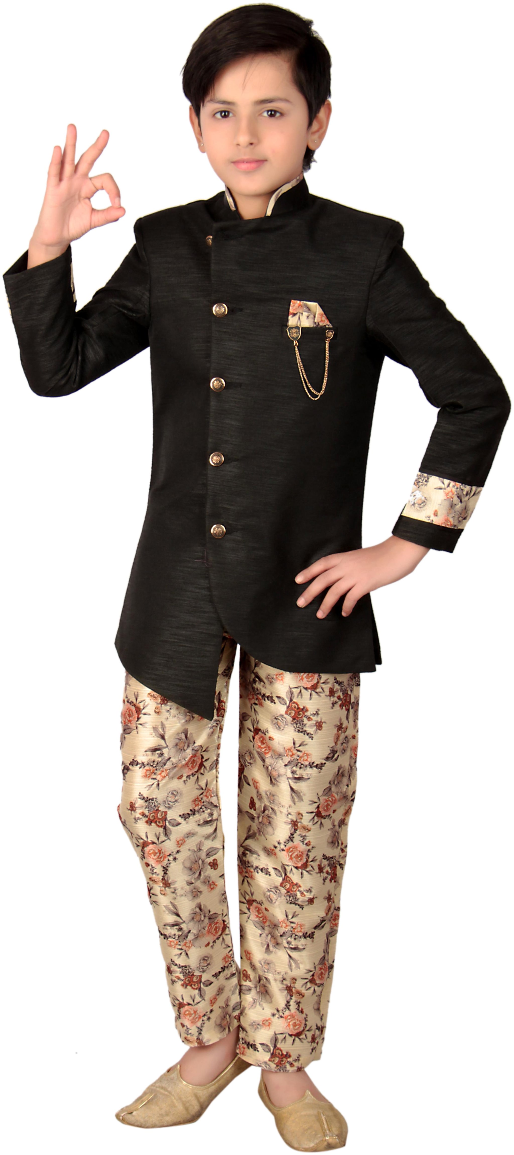 

FOURFOLDS Boy Cotton blend Printed Sherwani - Multi