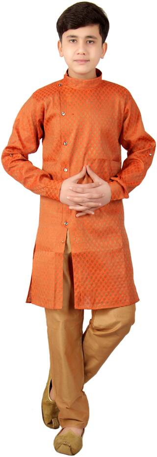 FOURFOLDS Boy Cotton blend Embellished Kurta pyjama set - Orange & Brown