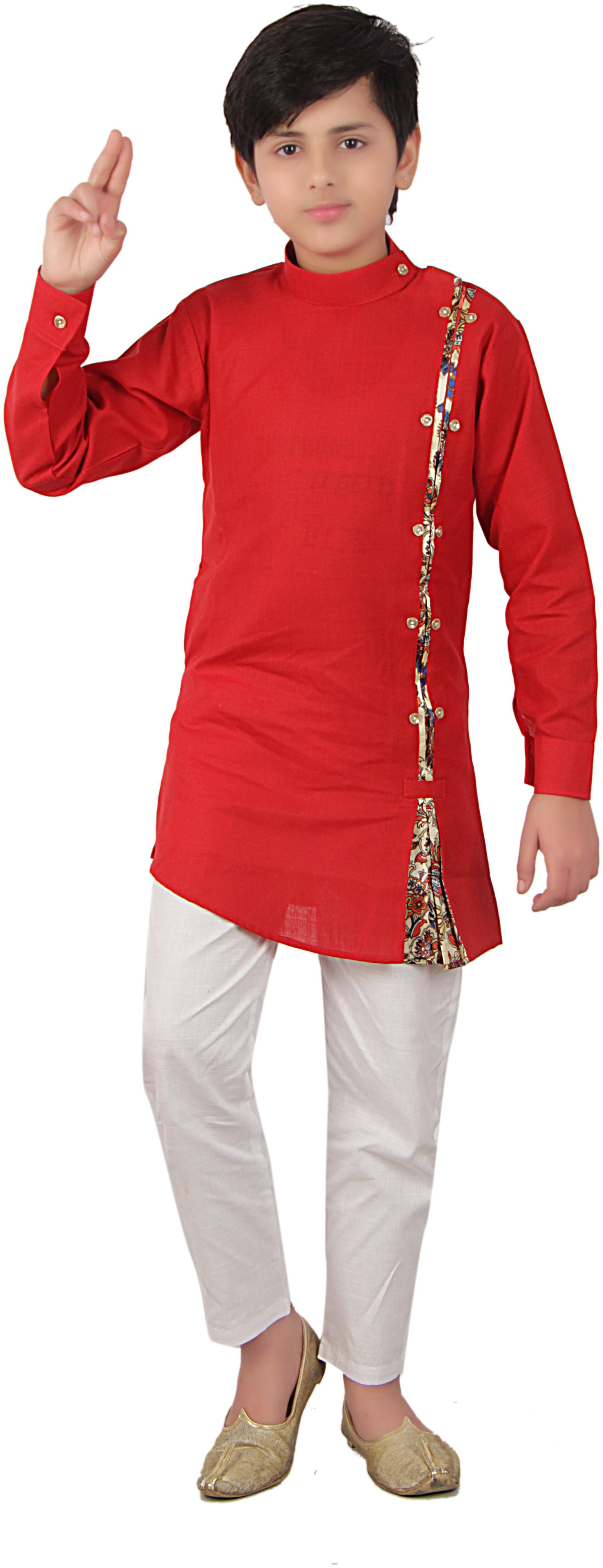 

FOURFOLDS Boy Cotton blend Solid Kurta pyjama set - Red White