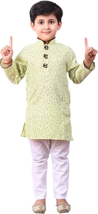 FOURFOLDS Boy Cotton Printed Kurta pyjama set - Green & White