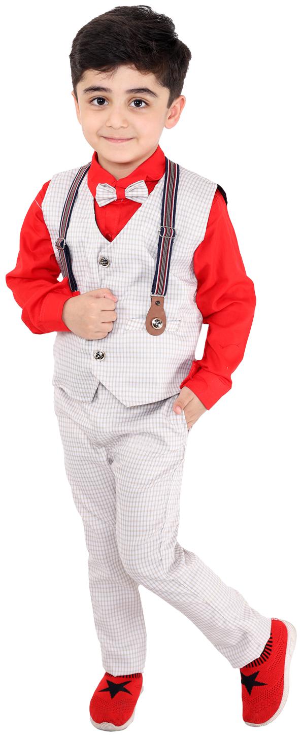 

Fourfolds Ethnic Wear 3 Piece Suit Set with Shirt Trousers Tie and Gallace Waistcoat for Kids and Boys Red white