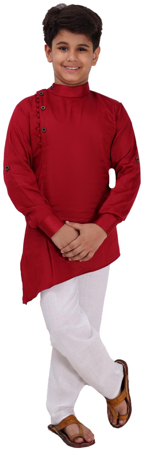 

FOURFOLDS Boy Cotton blend Solid Kurta pyjama set - Maroon White