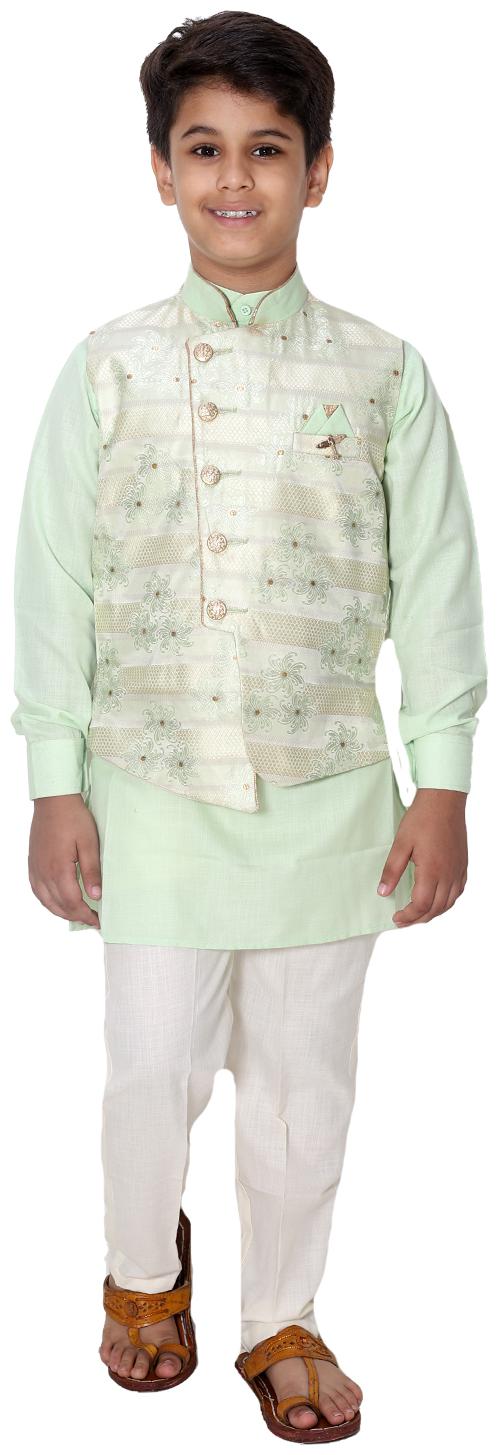 

FOURFOLDS Boy Cotton blend Self design Kurta pyjama set - Green White