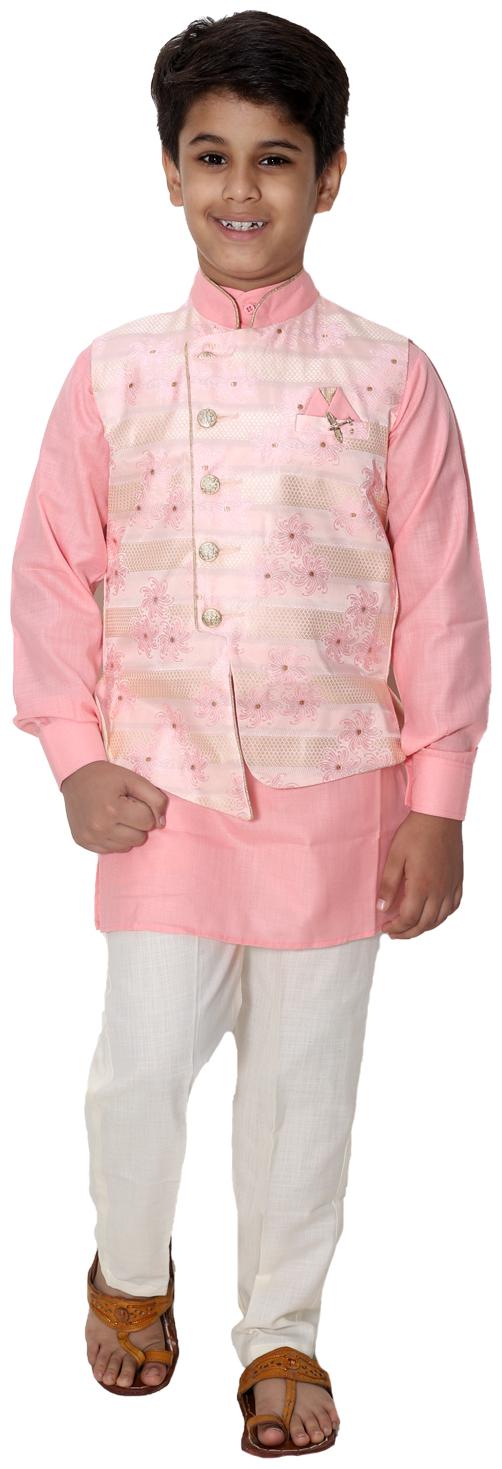 

FOURFOLDS Boy Cotton blend Self design Kurta pyjama set - Pink White