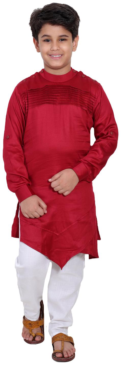 

FOURFOLDS Boy Cotton blend Solid Kurta pyjama set - Maroon White