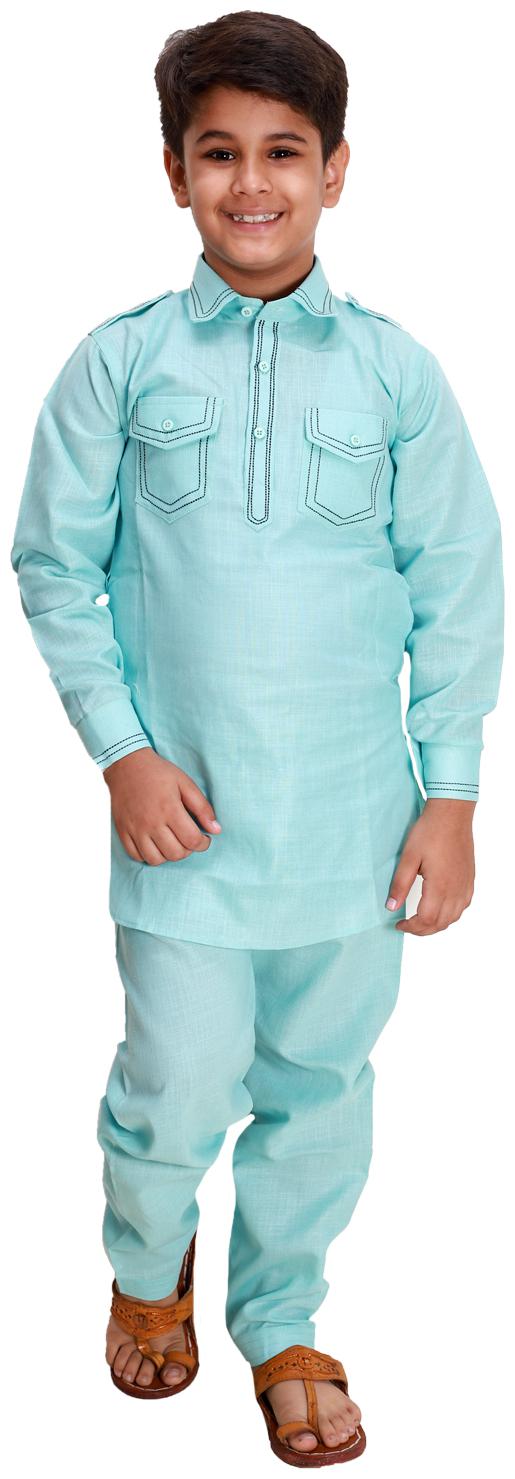 

FOURFOLDS Boy Cotton Solid Kurta pyjama set - Blue