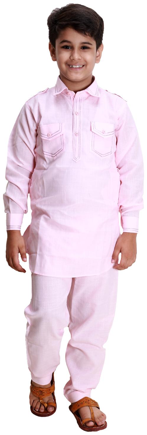 

FOURFOLDS Boy Cotton Solid Kurta pyjama set - Pink
