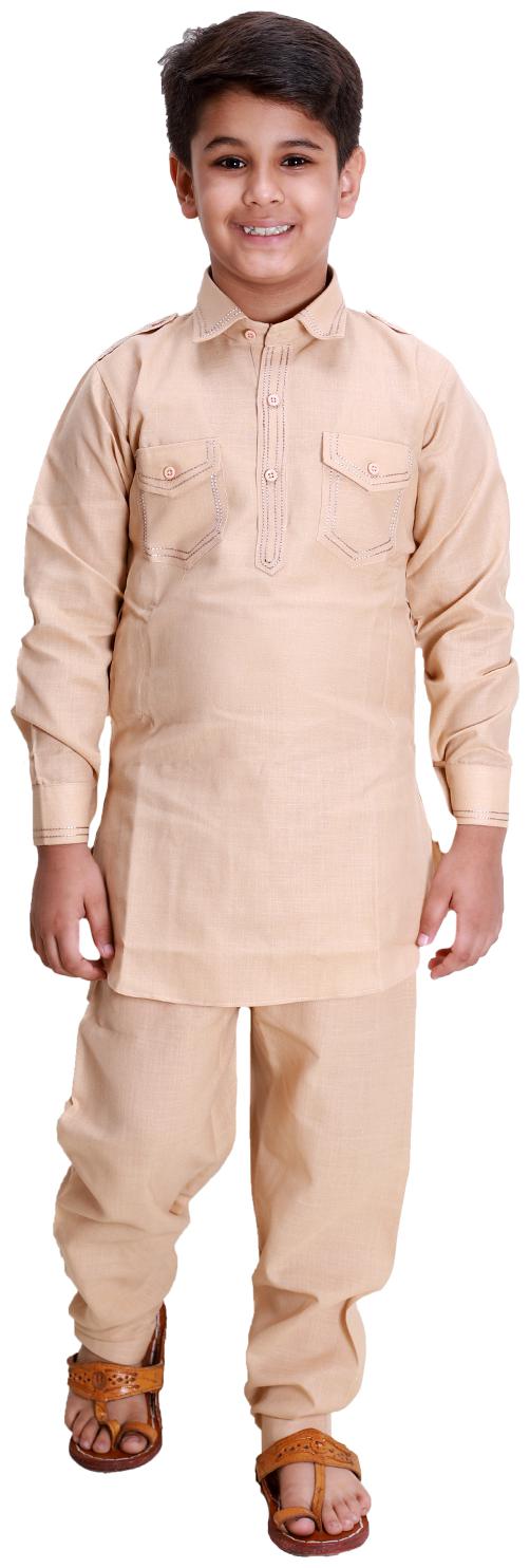 

FOURFOLDS Boy Cotton Solid Kurta pyjama set - Beige