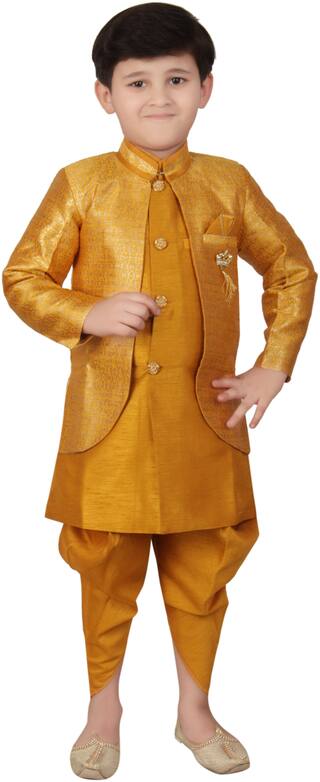 FOURFOLDS Boy Cotton blend Self design Dhoti & Sherwani - Gold