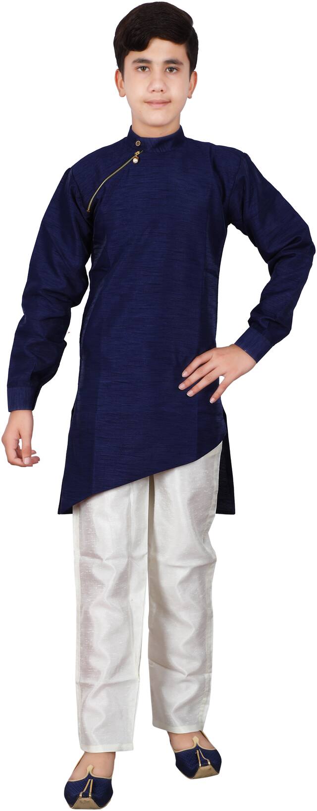 FOURFOLDS Boy Silk blend Solid Kurta pyjama set - Blue & White