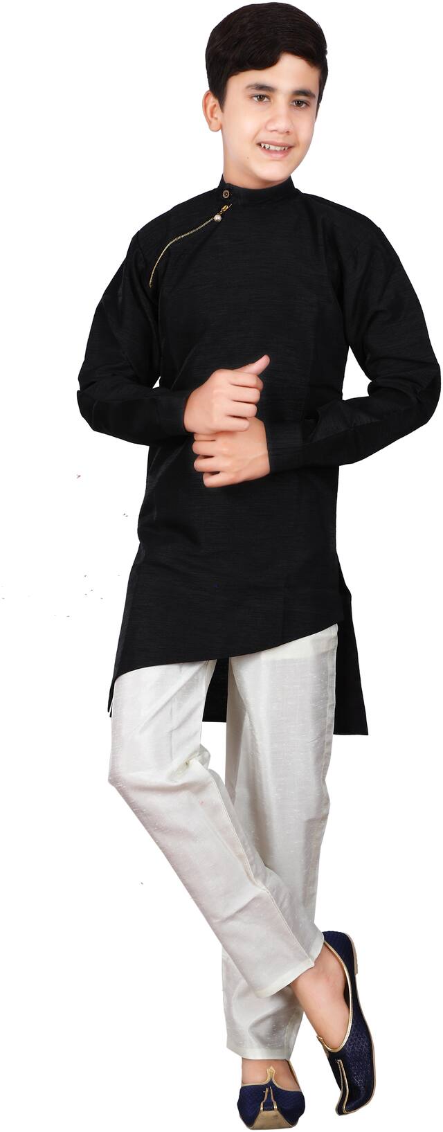 FOURFOLDS Boy Silk blend Solid Kurta pyjama set - Black & White