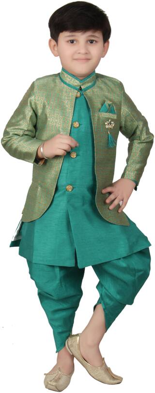 FOURFOLDS Boy Cotton blend Self design Dhoti & Sherwani - Green