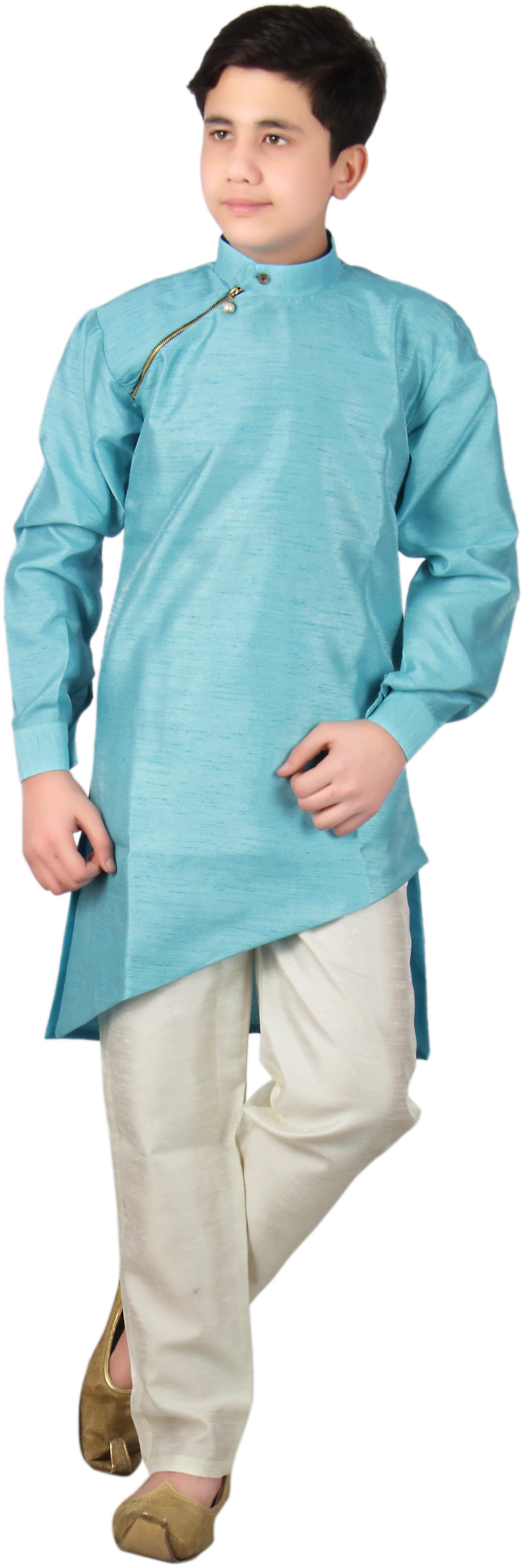 

FOURFOLDS Boy Silk blend Solid Kurta pyjama set - Blue White