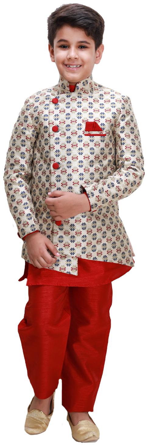 

Fourfolds Three piece Indo Western designer dress set with Jacquard Blazer for kids and boys - Multi