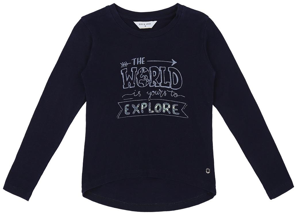 

Gini Jony Girl Cotton Self design T shirt - Blue