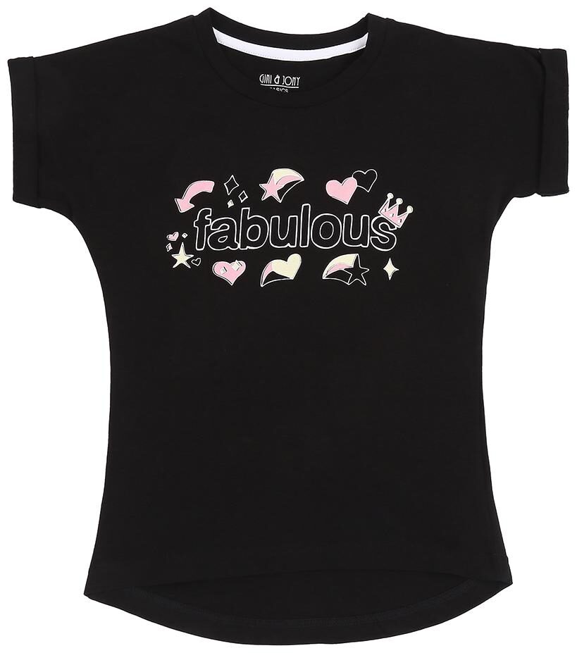 

Gini Jony Girl Cotton Self design T shirt - Black