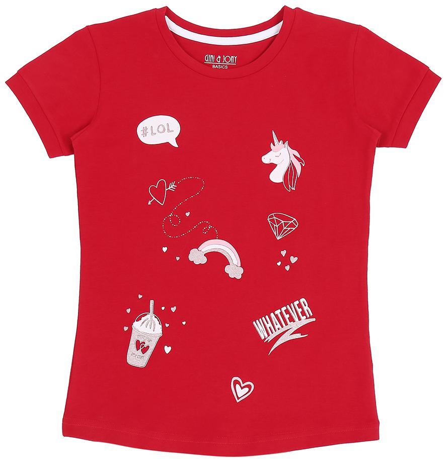 

Gini Jony Girl Cotton Self design T shirt - Red