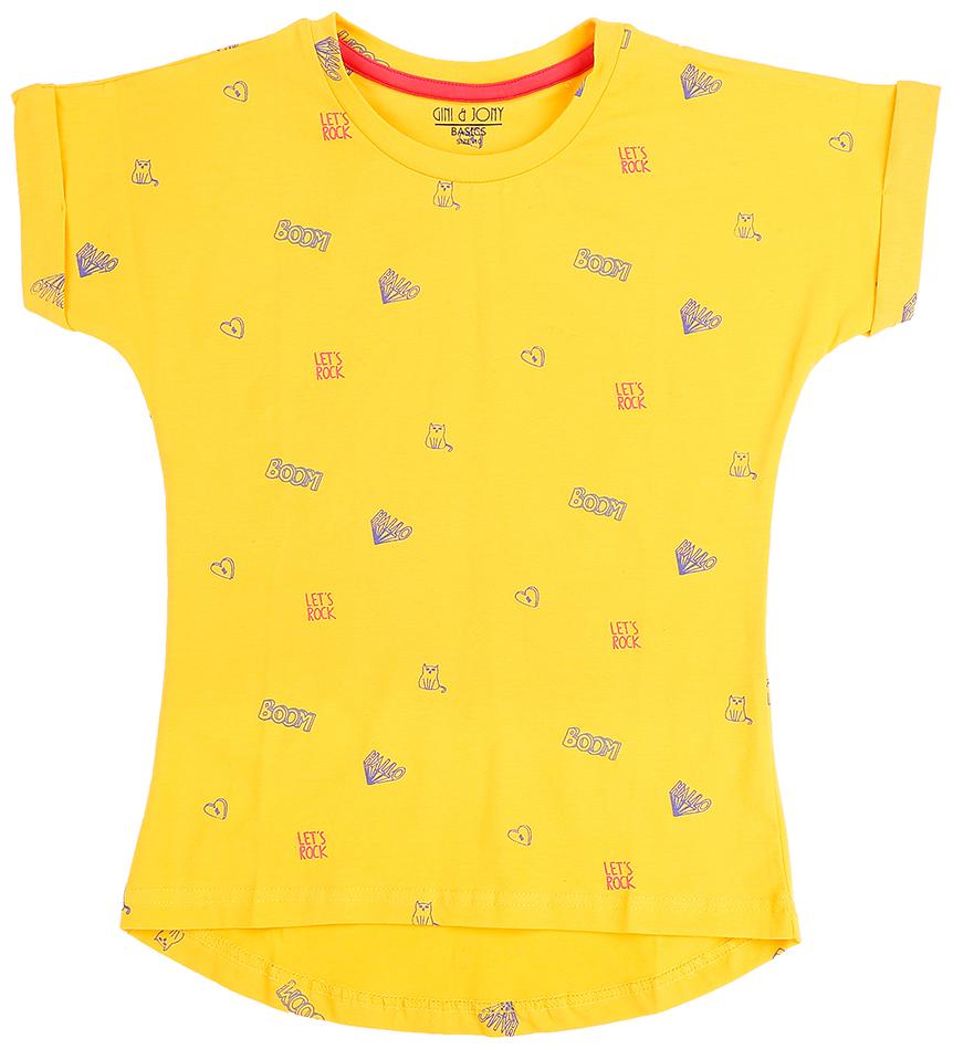

Gini Jony Girl Cotton Self design T shirt - Yellow