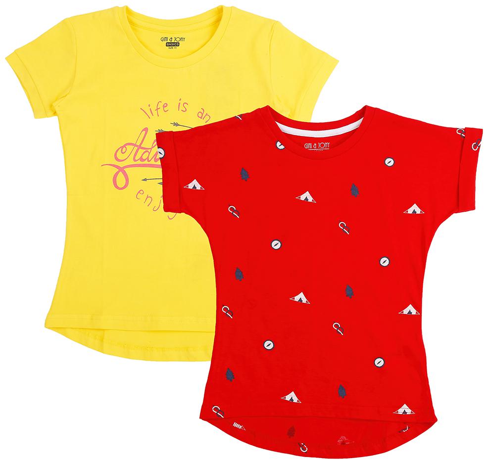 

Gini Jony Girl Cotton Self design T shirt - Yellow