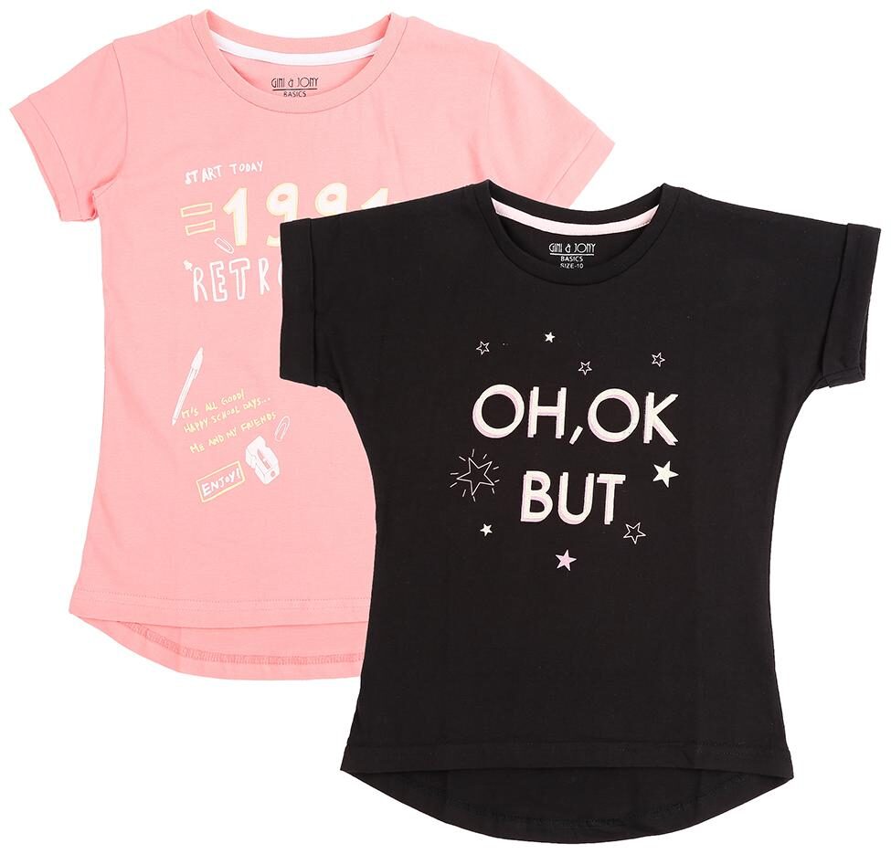

Gini Jony Girl Cotton Self design T shirt - Pink