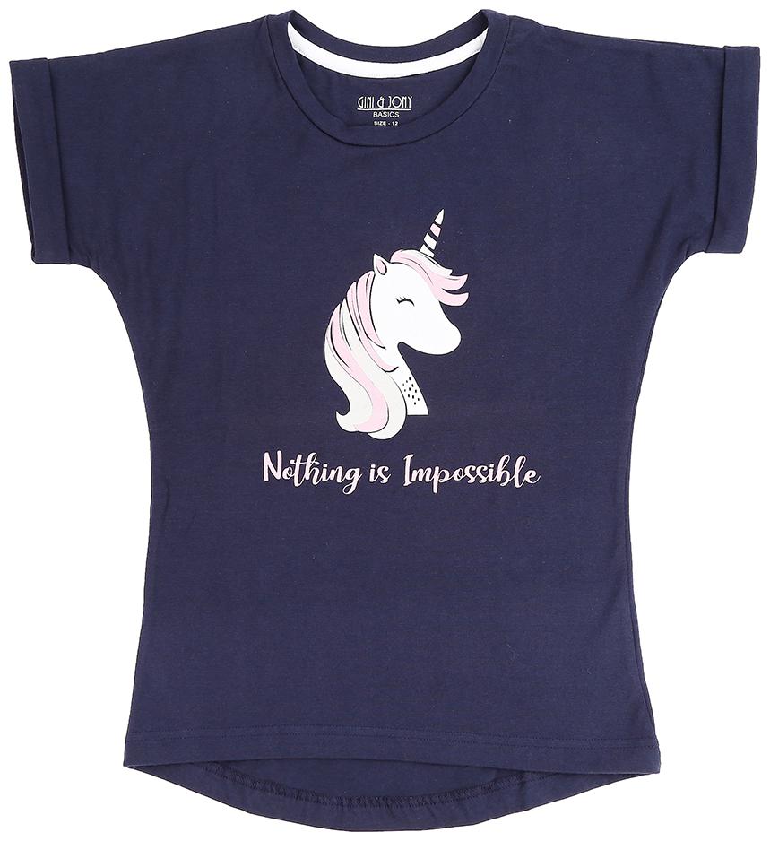 

Gini Jony Girl Cotton Self design T shirt - Blue