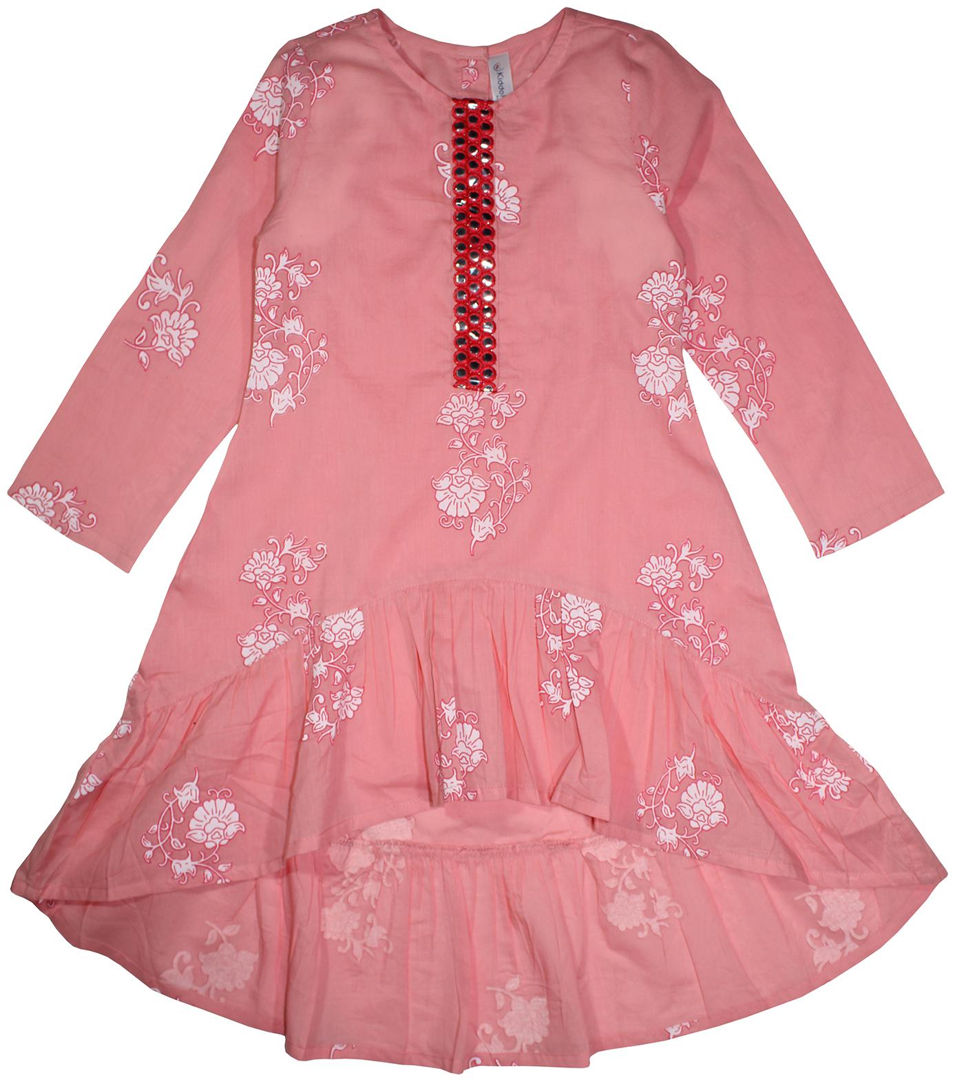 

KiddoPanti Girl s Cotton Printed Full sleeves Kurta kurti - Pink