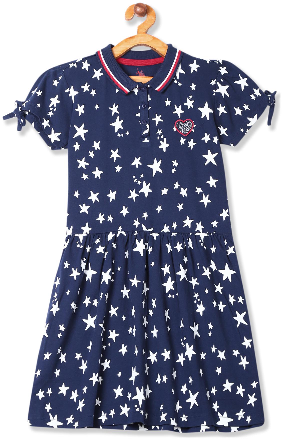

U S Polo Assn Blue Cotton Short Sleeves Knee Length Collar Frock ( Pack of 1 )