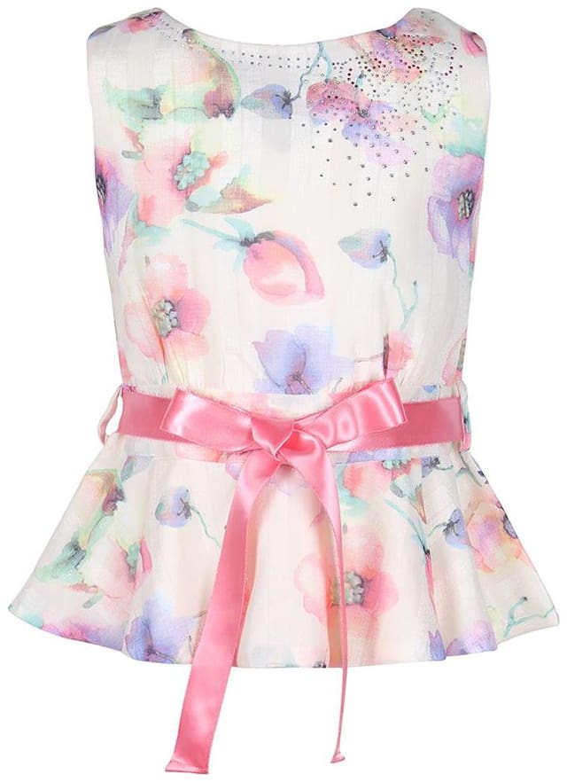 Cutecumber Girl Crepe Printed Top - Beige