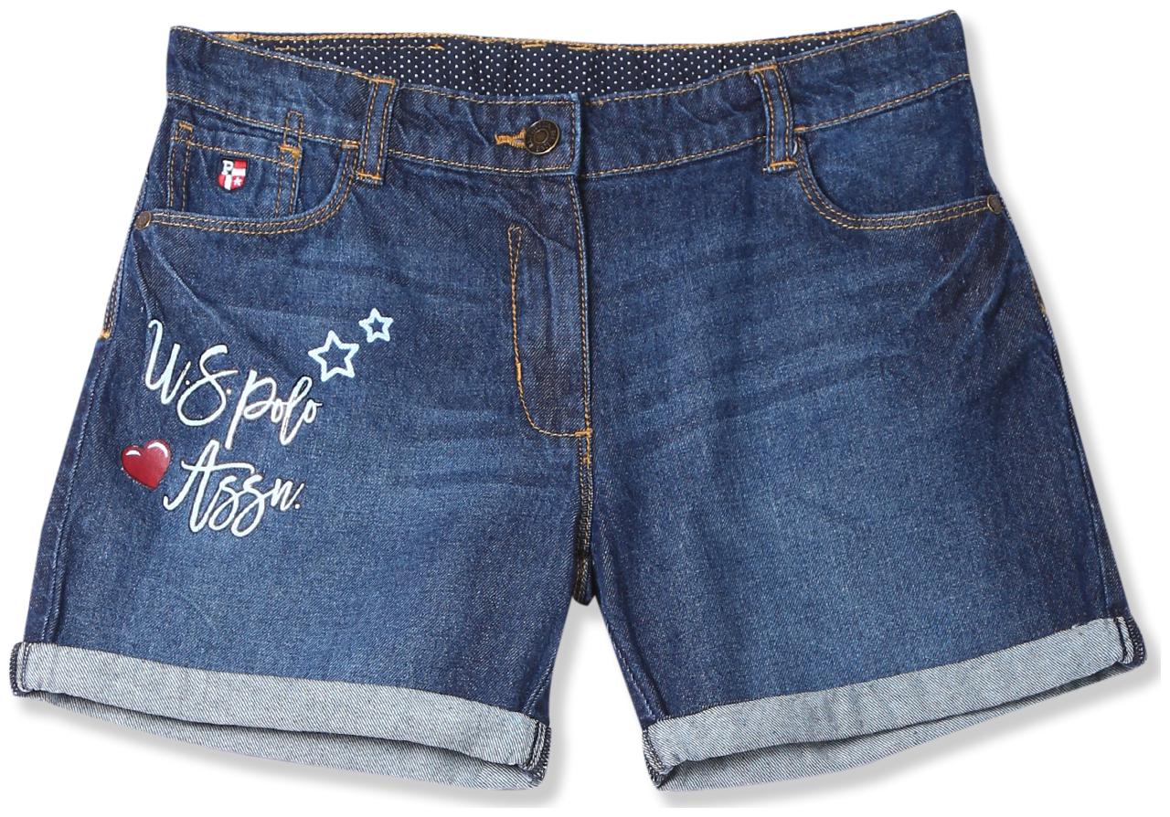 

U S Polo Assn Girl Cotton Acid wash Denim shorts - Blue