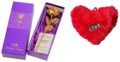 GLUCKLICH GIFT  PACK ,FLOWER,HEART SHAPE DIL,LOVER GIFT,VALENTINE GIFT,RED,GOLDEN,PACK OF 2