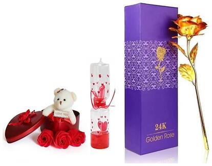 GLUCKLICH VALENTINE'S DAY GIFT THREE ROSES WITH TEDDY BOX,A UNIQUE GOLDEN ROSE FLOWER GIFT FOR LOVE ONES N A LOVE METER VALENTINE GIFT SHOWPIECE(PACK OF 3)