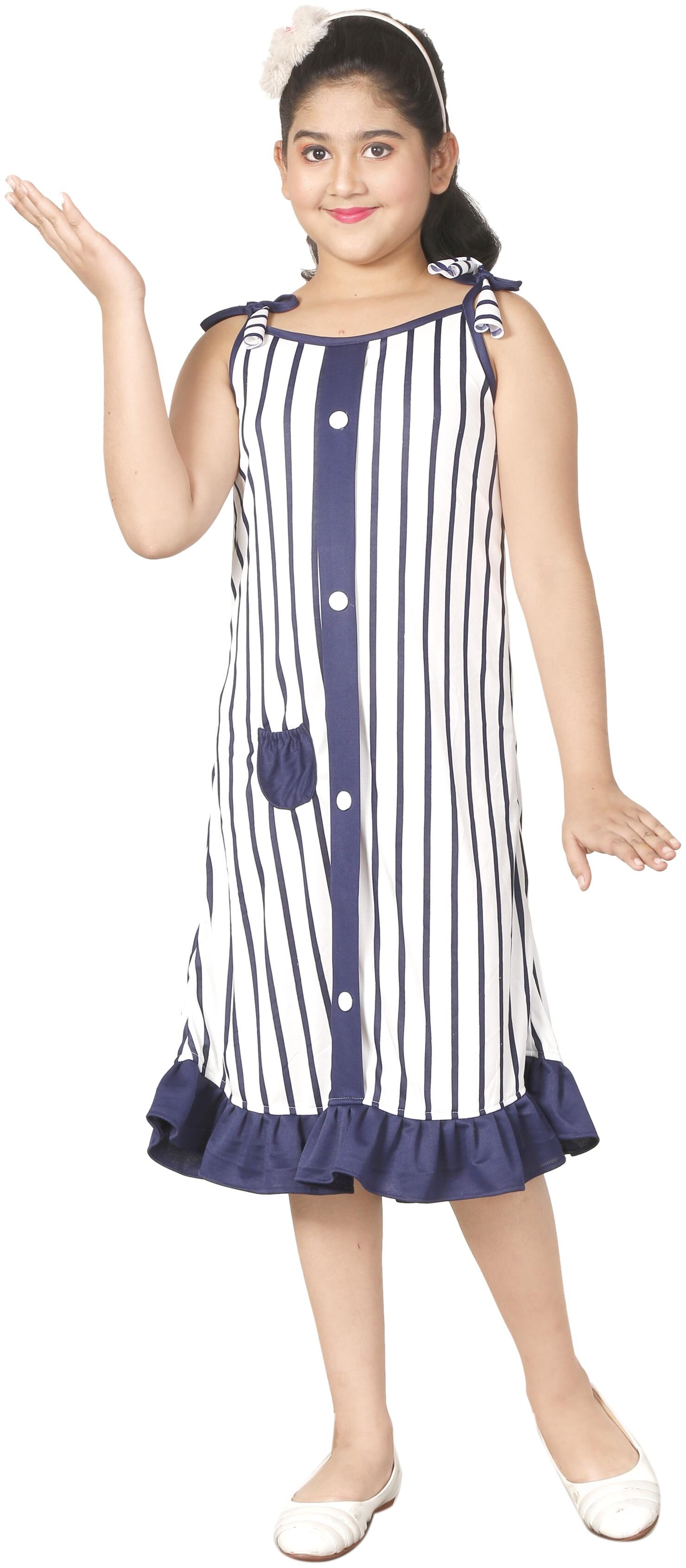 

Gudwone Cotton Blend White Striped Princess Frock For Girl