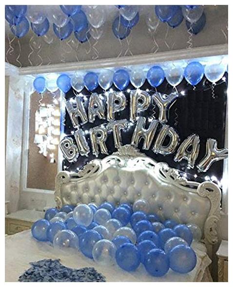 

Happy Birthday Letter Foil Balloon Set of (Silver) HD Balloons (Silver and Blue) Pack of 50 with Free Multipurpose Decorative Ribbon 1pc