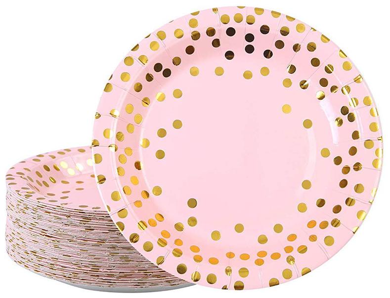 

HIPPITY HOP Pink and Gold Foil Polka Dot Disposable Paper Plates Dinnerware Plates for Party 9 inches (Pink) (Pack of 10)