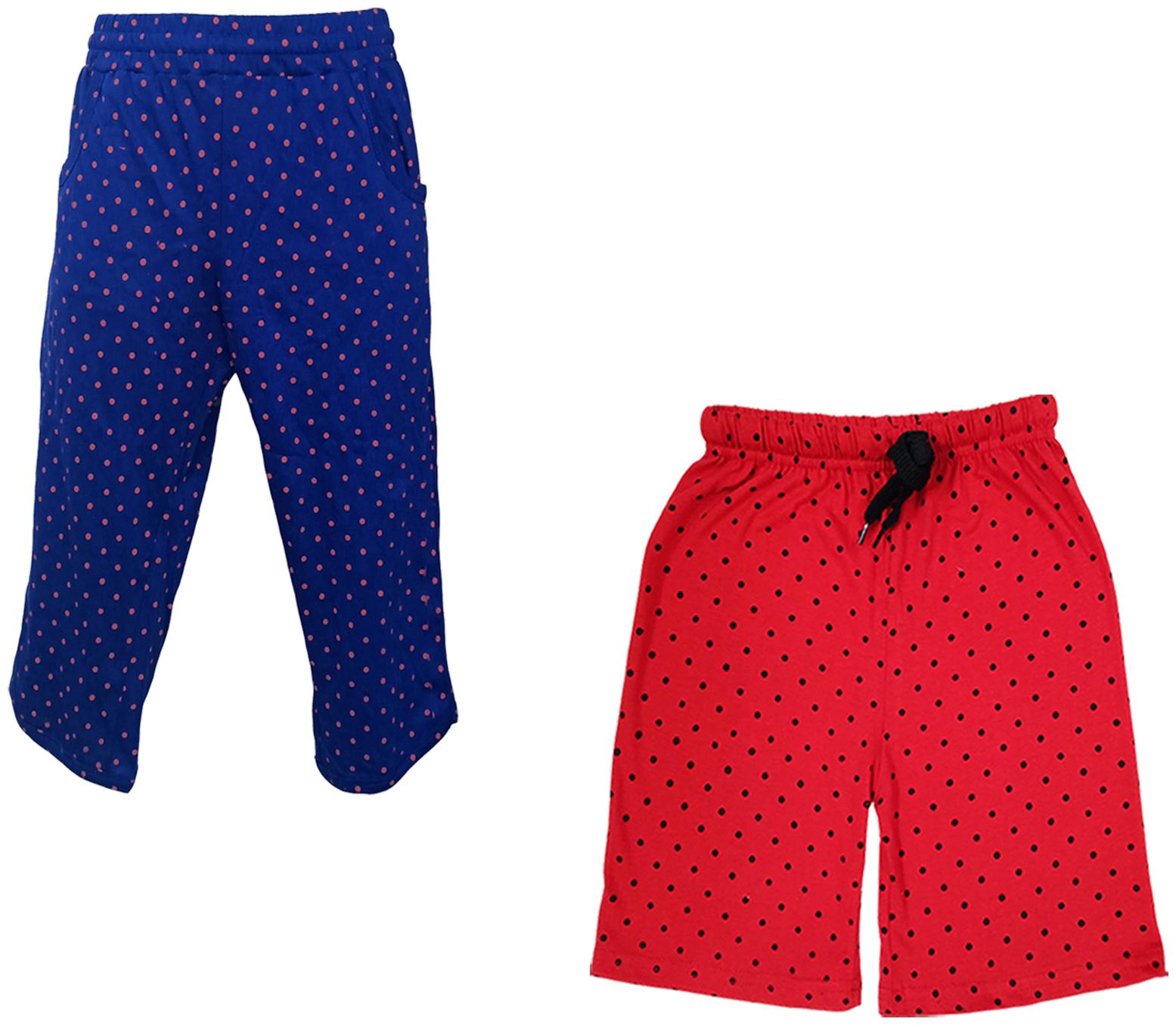 

IndiWeaves Girls Cotton Polka Dots 3 4th Capri and Shorts (Pack of 2) Red Blue