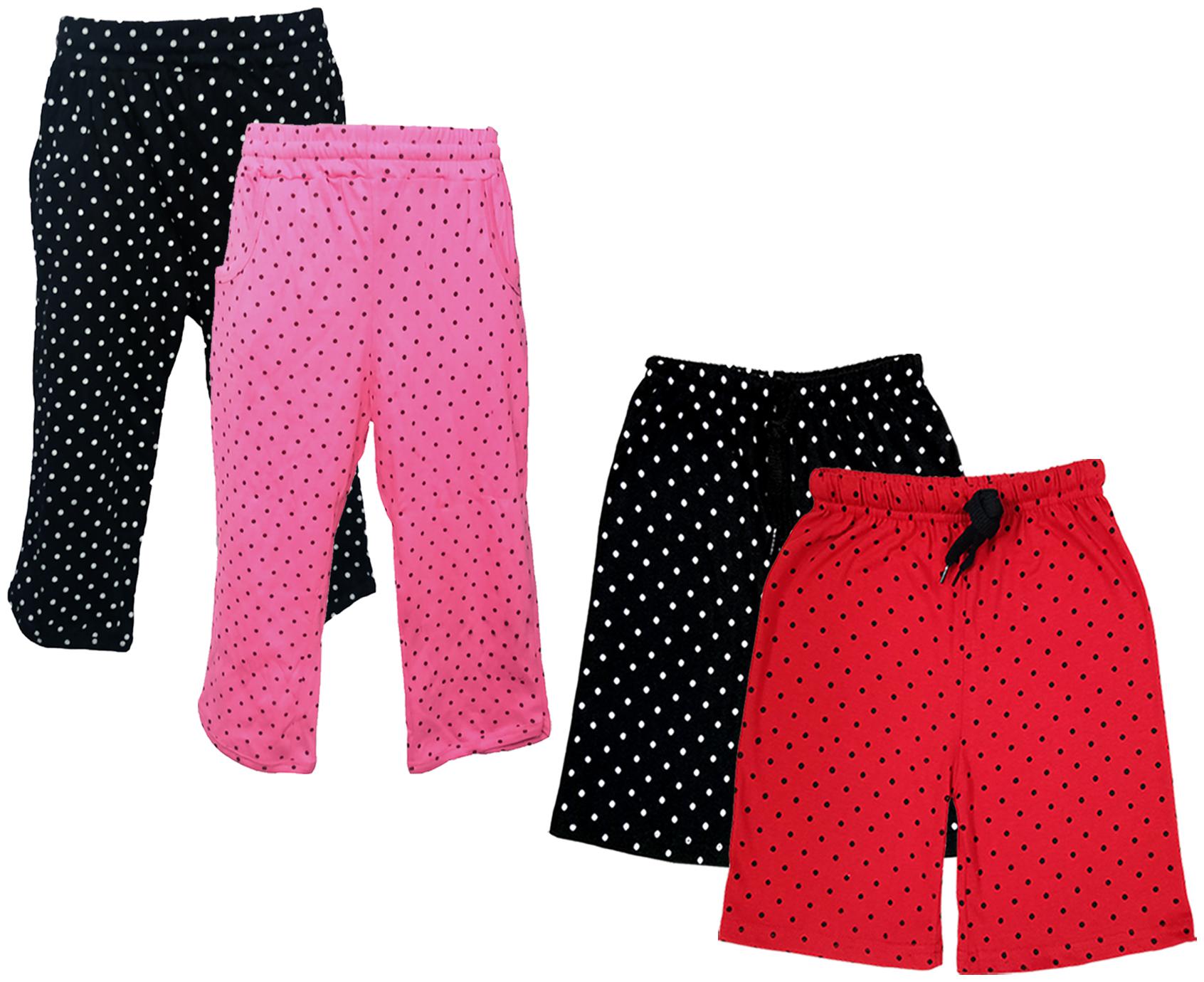 

IndiWeaves Girls Cotton Polka Dots 3 4th Capri and Shorts (Pack of 4) Multi