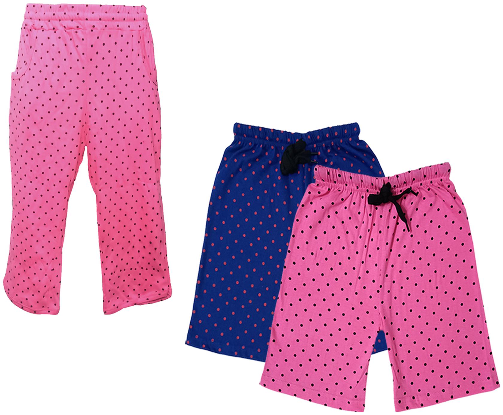 

IndiWeaves Girls Cotton Polka Dots 3 4th Capri and Shorts (Pack of 3) Multi