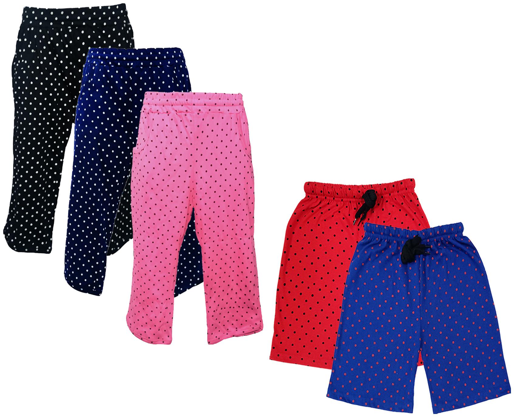 

IndiWeaves Girls Cotton Polka Dots 3 4th Capri and Shorts (Pack of 5) Multi